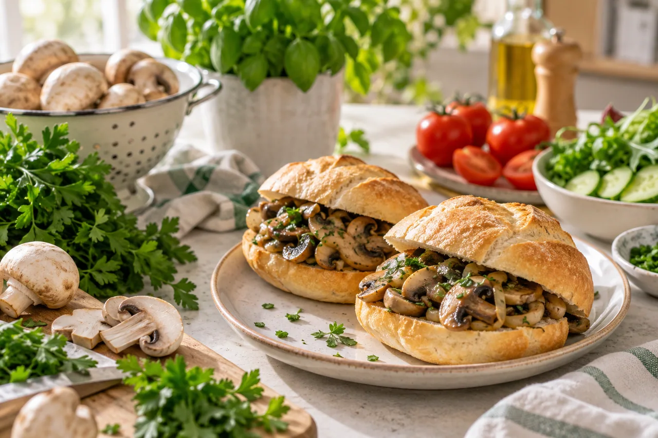 Bułka z pieczarkami Gorzów zdrowiej - świeże warzywa, zioła i produkty na jasnym stole