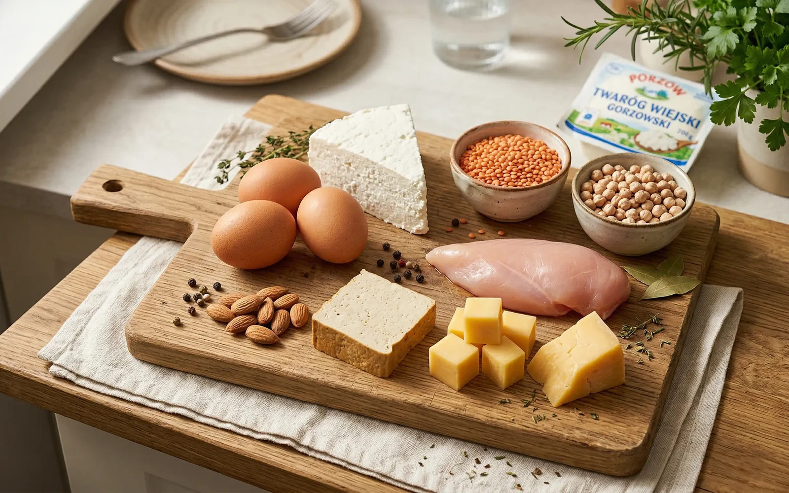 Dieta senioralna - produkty białkowe, jajka, nabiał, rośliny strączkowe i woda na jasnym stole