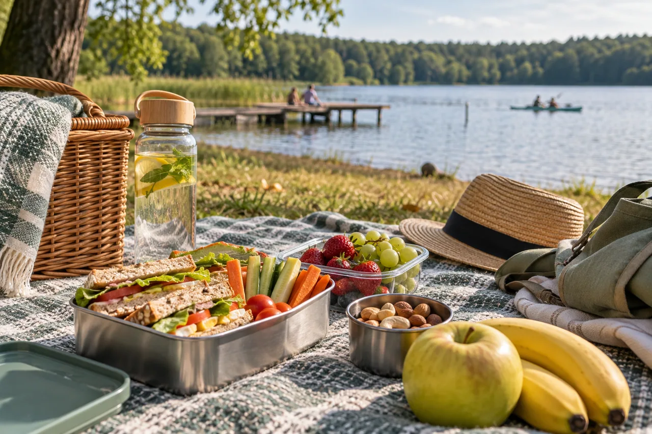 Lubuskie jeziora jedzenie na wyjazd - lunchbox, woda, koc piknikowy i spokojny wypoczynek nad jeziorem