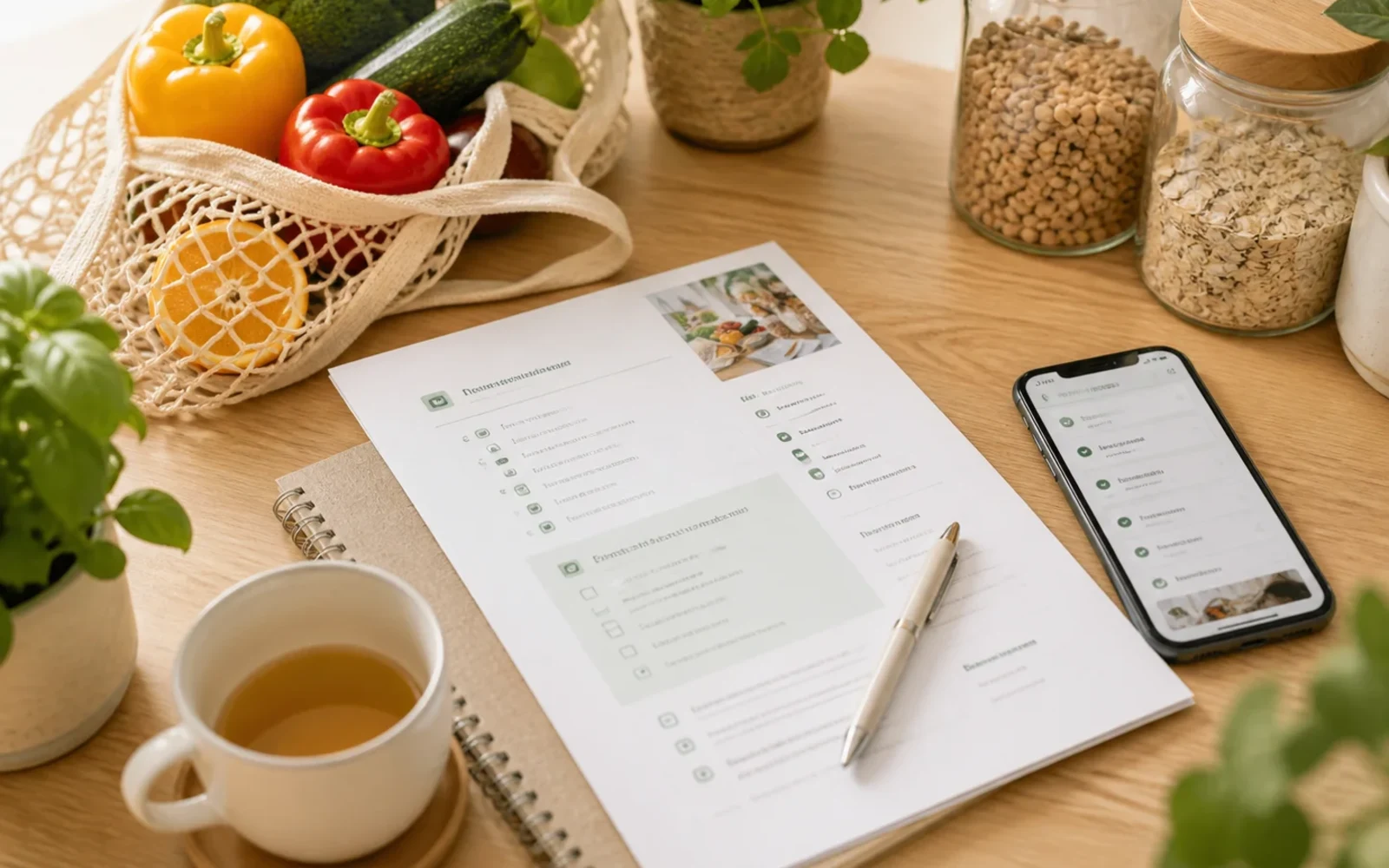 Meal prep po polsku - notatnik z planem posiłków, warzywa i lista zakupów na jasnym stole
