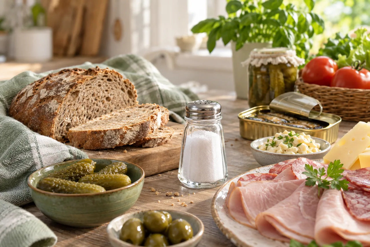 Sól w diecie - solniczka, pieczywo i produkty z ukrytą solą w zielono-kremowej ilustracji