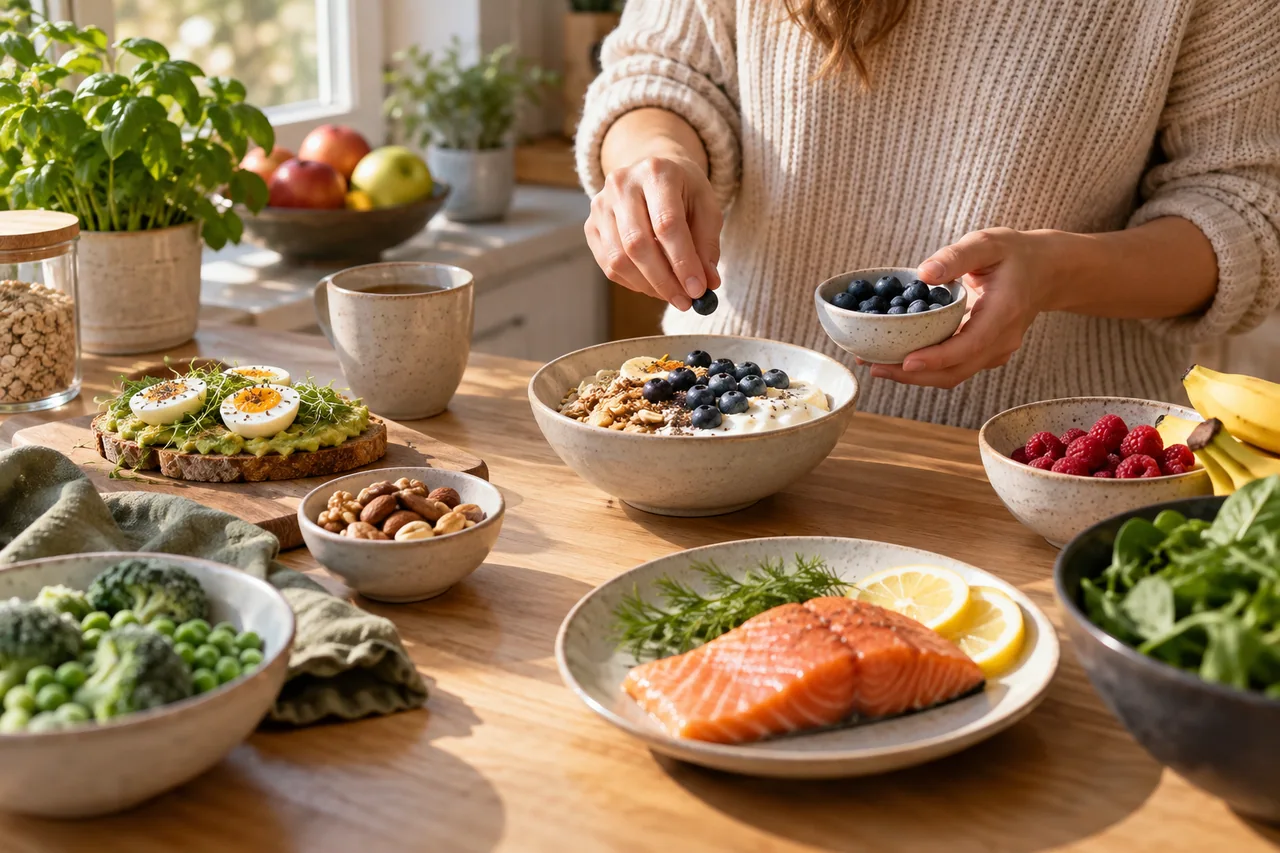 Dieta wspierająca nastrój - hub dietetyczny Dieta wspierająca nastrój - edukacyjna ilustracja dietetyczna