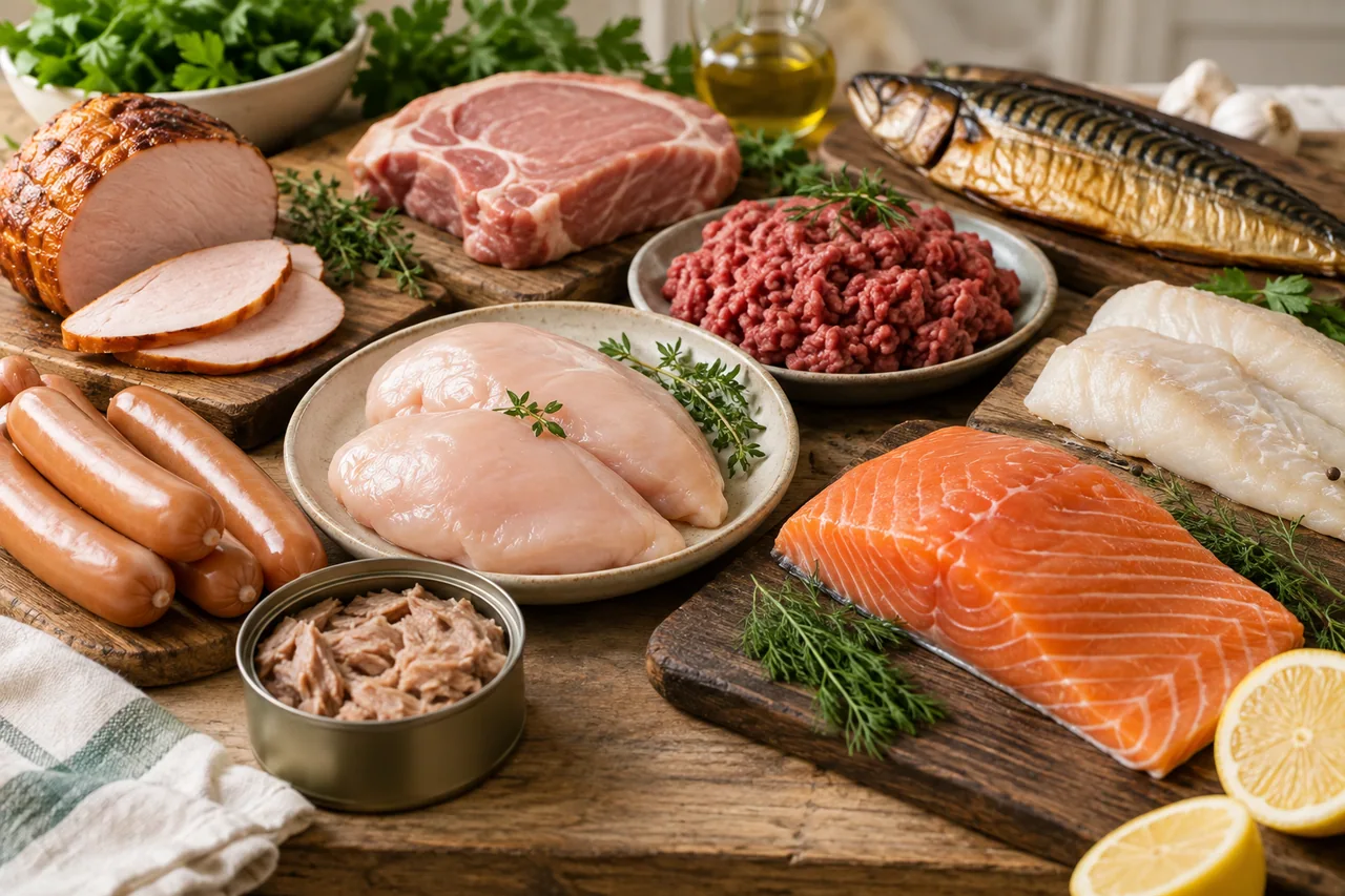 Mięso i ryby kcal - porównanie kalorii i białka - ilustracja grupy produktów i wartości kcal