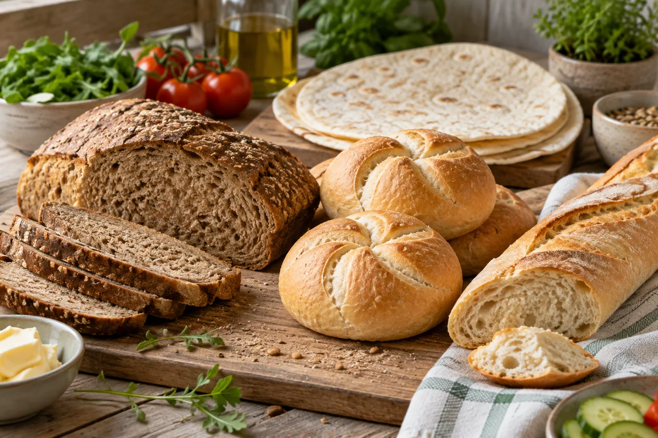 Pieczywo kcal - chleb, bułki, tortilla i bagietka - ilustracja grupy produktów i wartości kcal