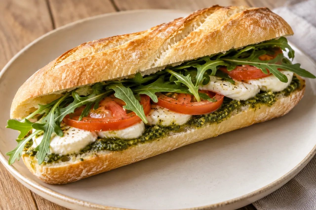 Bagietka z mozzarellą i pesto - przepis Bagietka z mozzarellą i pesto — przykładowe podanie potrawy