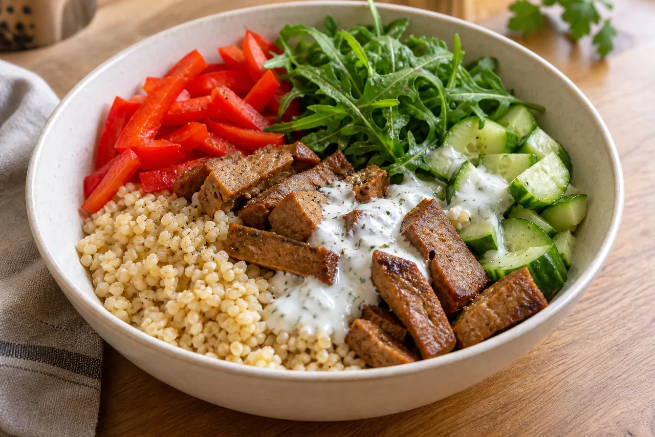 Bowl z seitanem i kaszą bulgur - przepis Bowl z seitanem i kaszą bulgur — przykładowe podanie potrawy