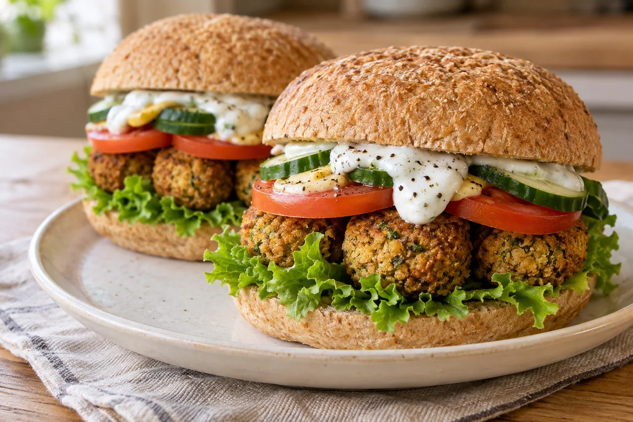 Burger z falafelem i warzywami - przepis Burger z falafelem i warzywami — przykładowe podanie potrawy