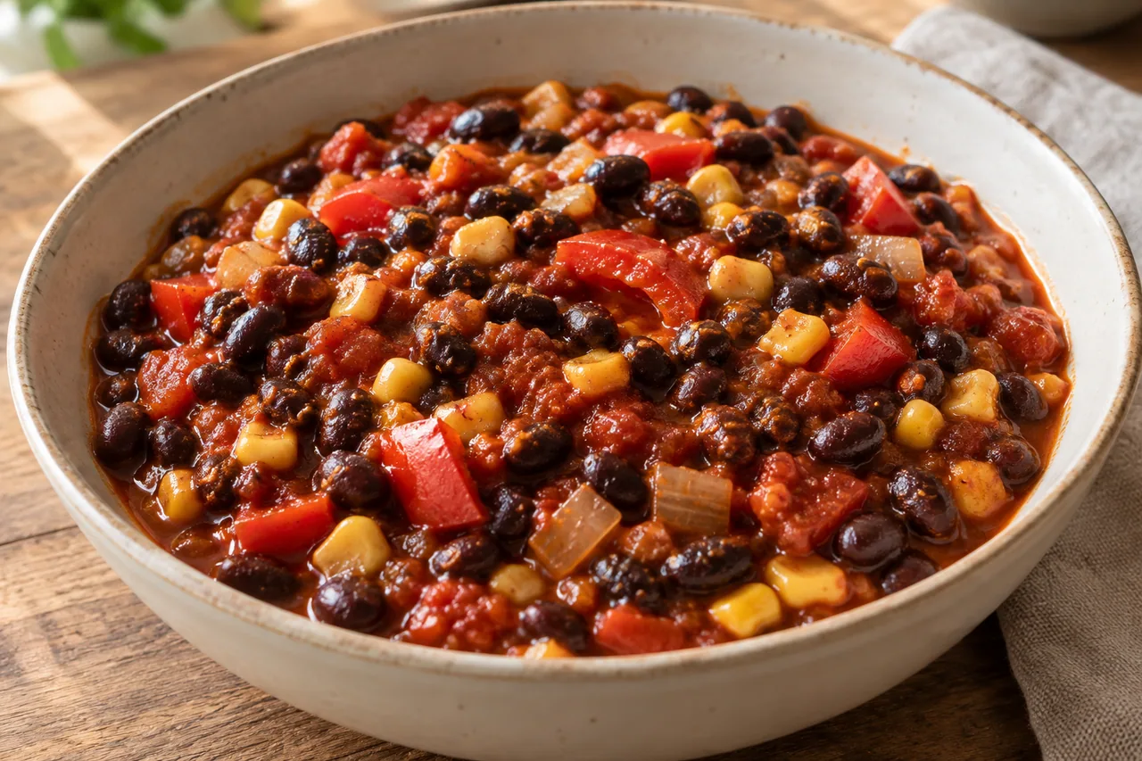 Chili sin carne z czarną fasolą - przepis Chili sin carne z czarną fasolą — przykładowe podanie potrawy