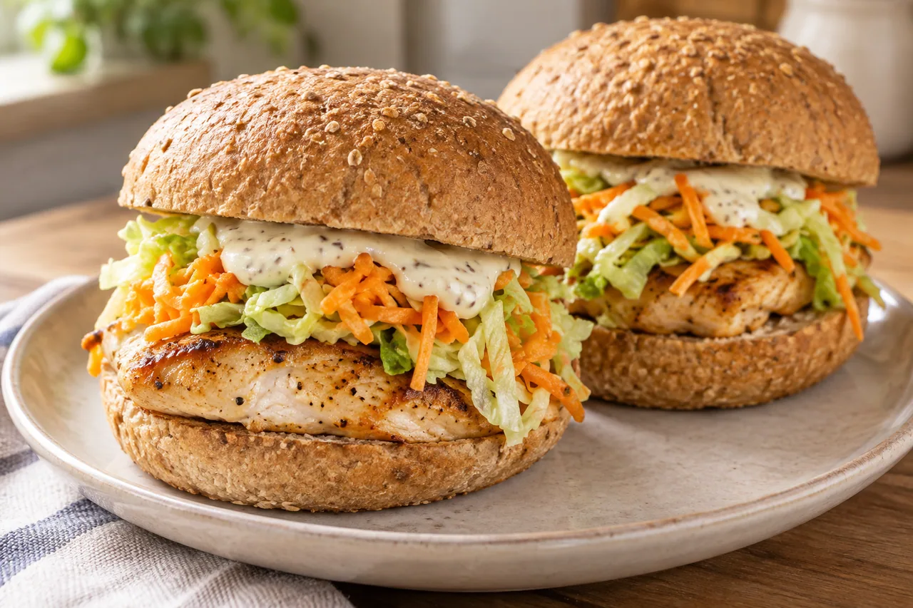 Domowy burger z kurczakiem i surówką - przepis Domowy burger z kurczakiem i surówką — przykładowe podanie potrawy
