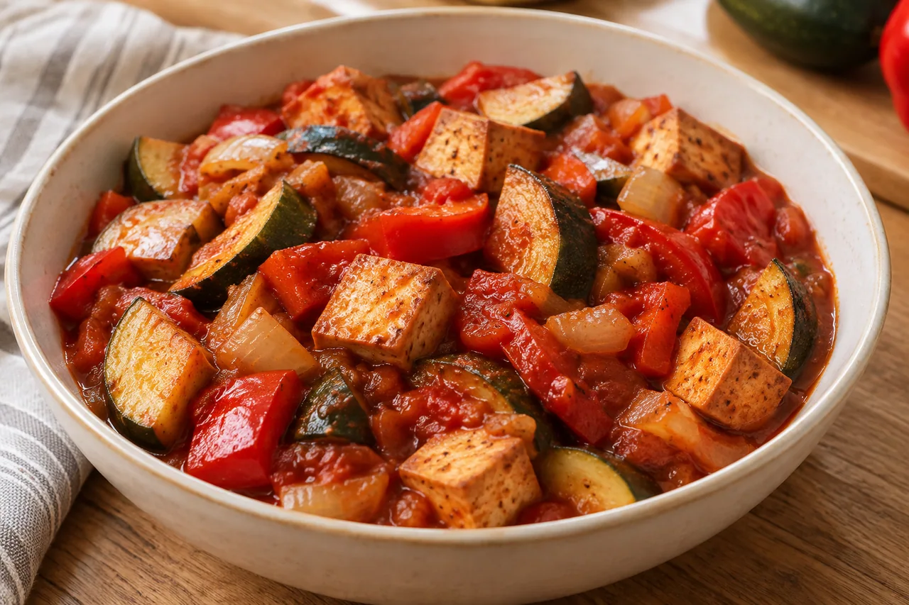 Leczo z cukinią i tofu wędzonym - przepis Leczo z cukinią i tofu wędzonym — przykładowe podanie potrawy