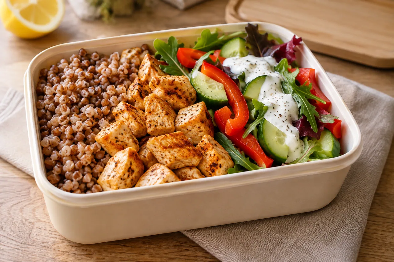 Lunchbox do pracy z kurczakiem i kaszą - przepis Lunchbox do pracy z kurczakiem i kaszą — przykładowe podanie potrawy