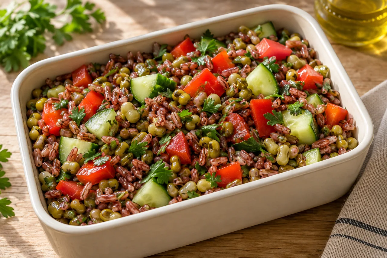 Lunchbox z fasolą mung i ryżem czerwonym - przepis Lunchbox z fasolą mung i ryżem czerwonym — przykładowe podanie potrawy