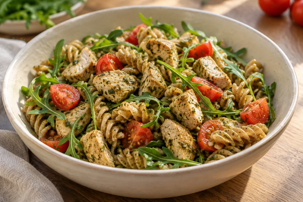Makaron pełnoziarnisty z pesto i kurczakiem - przepis Makaron pełnoziarnisty z pesto i kurczakiem — przykładowe podanie potrawy