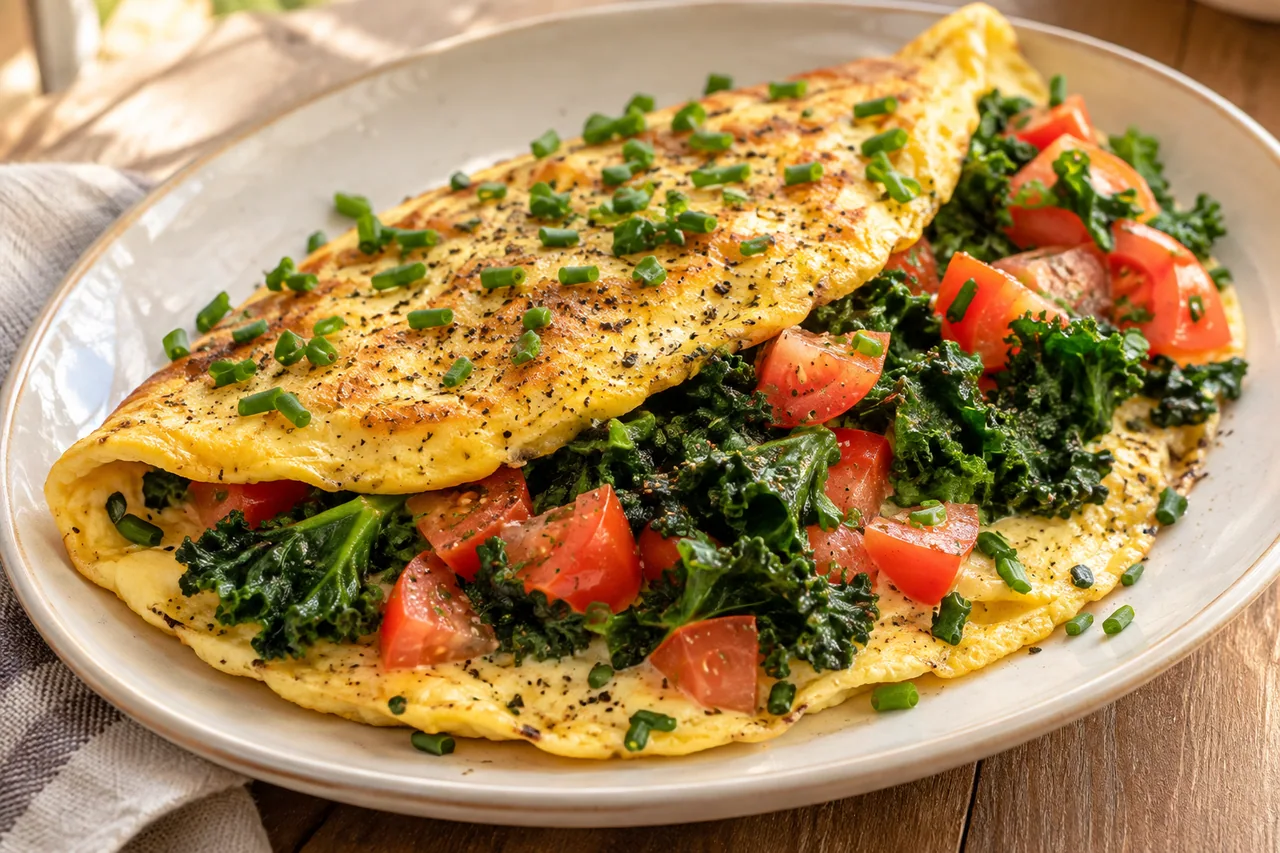 Omlet z jarmużem i pomidorami - przepis Omlet z jarmużem i pomidorami — przykładowe podanie potrawy