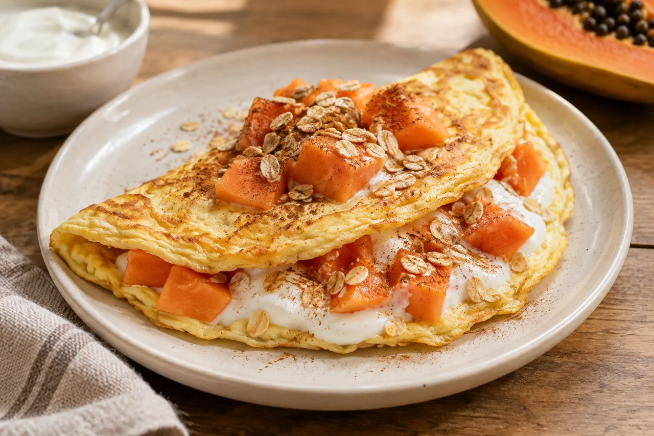 Omlet z papają i jogurtem - przepis Omlet z papają i jogurtem — przykładowe podanie potrawy