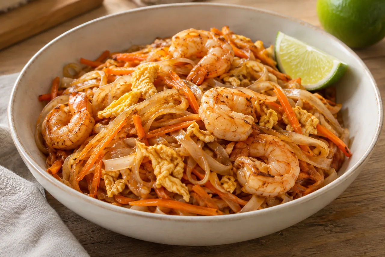 Pad thai z krewetkami i warzywami - przepis Pad thai z krewetkami i warzywami — przykładowe podanie potrawy