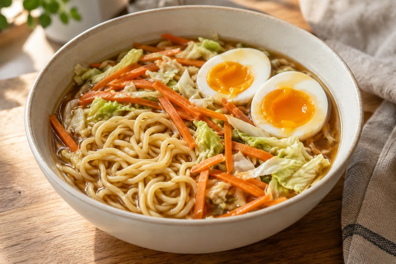 Ramen domowy z jajkiem i warzywami - przepis Ramen domowy z jajkiem i warzywami — przykładowe podanie potrawy