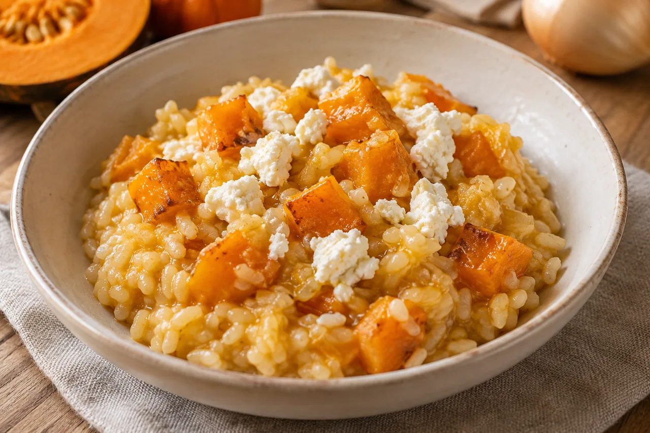 Risotto z dynią i serem kozim - przepis Risotto z dynią i serem kozim — przykładowe podanie potrawy