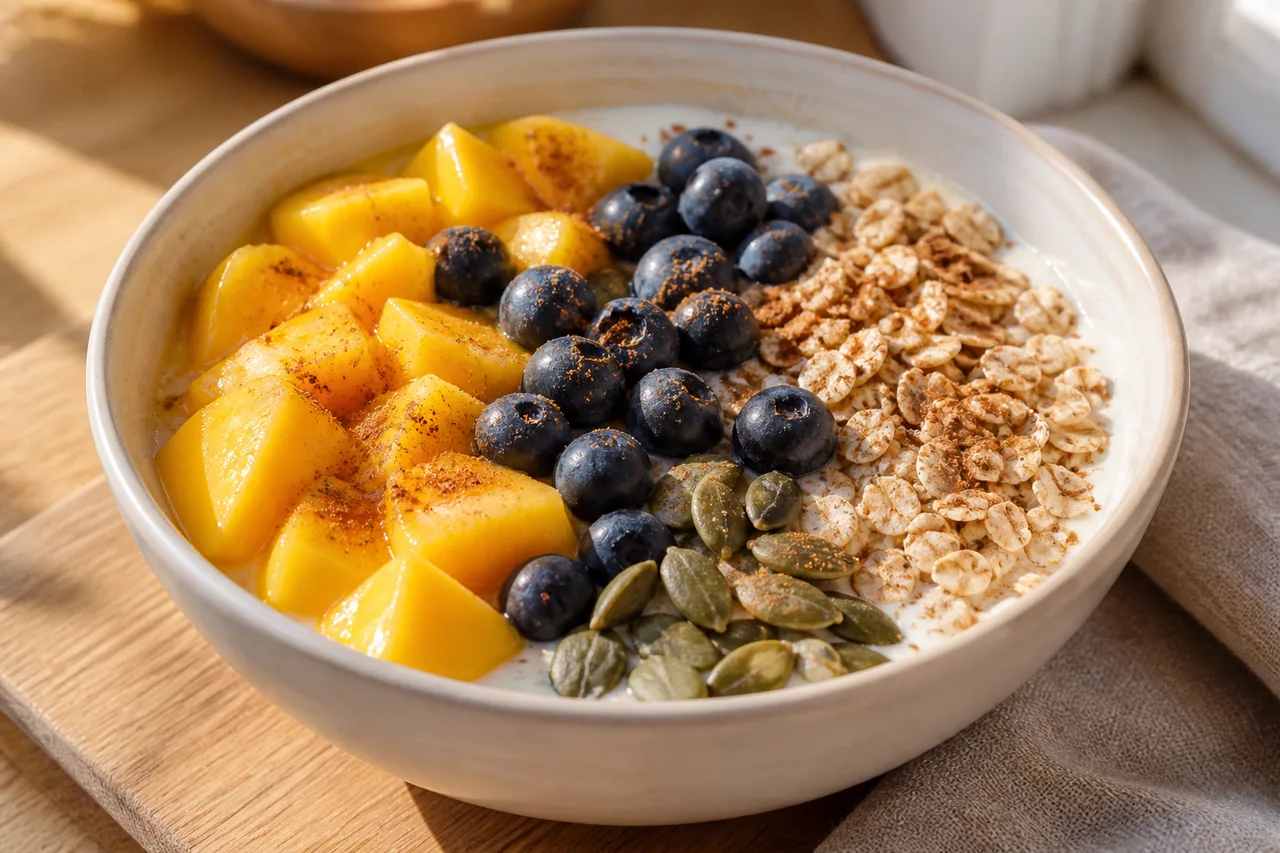 Smoothie bowl z mango i skyrem - przepis Smoothie bowl z mango i skyrem — przykładowe podanie potrawy
