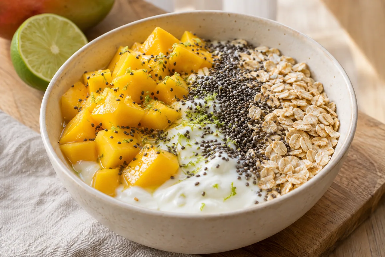 Śniadaniowy bowl z mango i chia - przepis Śniadaniowy bowl z mango i chia — przykładowe podanie potrawy
