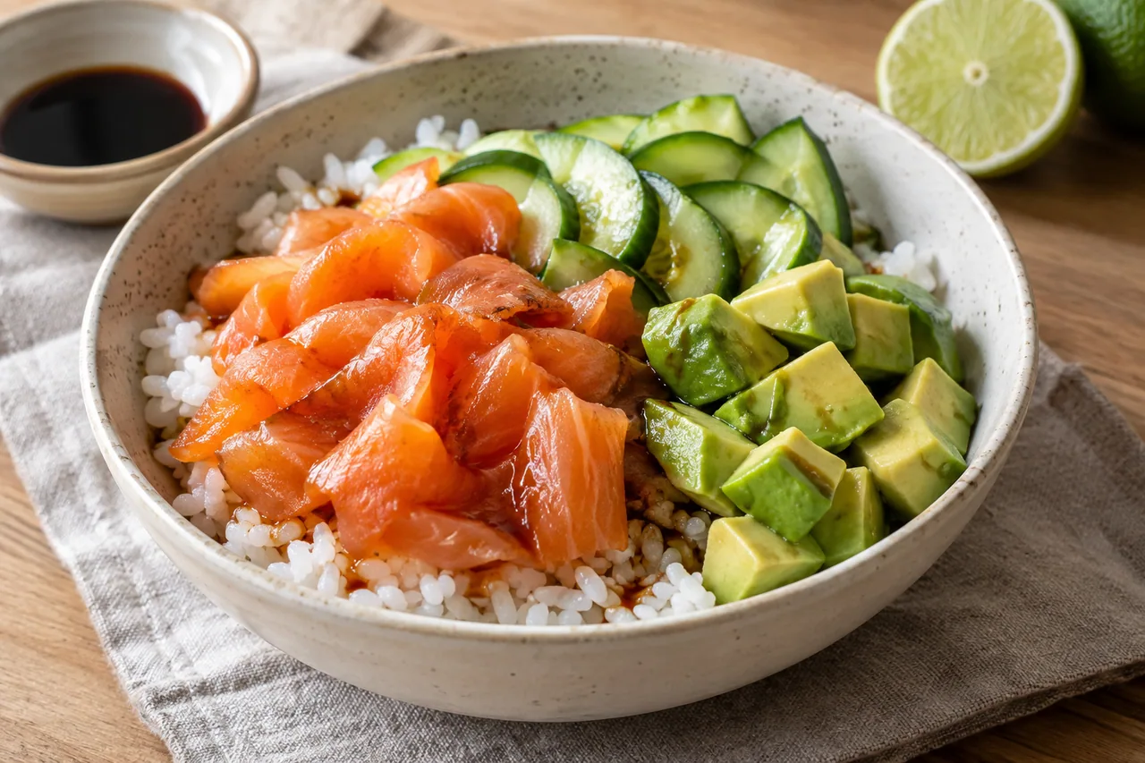 Sushi bowl z łososiem i ogórkiem - przepis Sushi bowl z łososiem i ogórkiem — przykładowe podanie potrawy