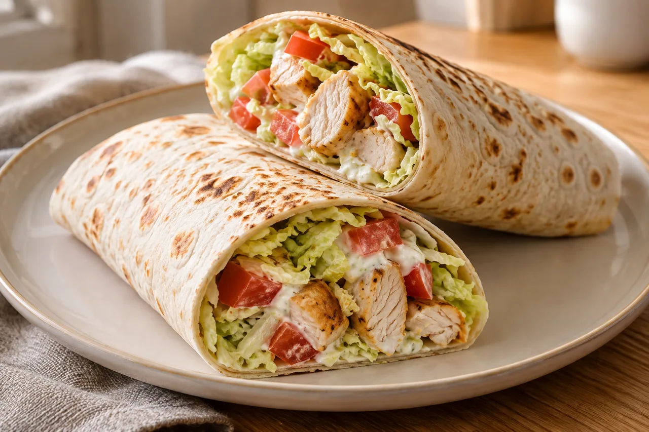 Tortilla z kurczakiem i kapustą pekińską - przepis Tortilla z kurczakiem i kapustą pekińską — przykładowe podanie potrawy