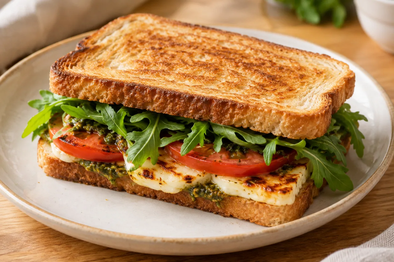 Tost z halloumi i pomidorami - przepis Tost z halloumi i pomidorami — przykładowe podanie potrawy