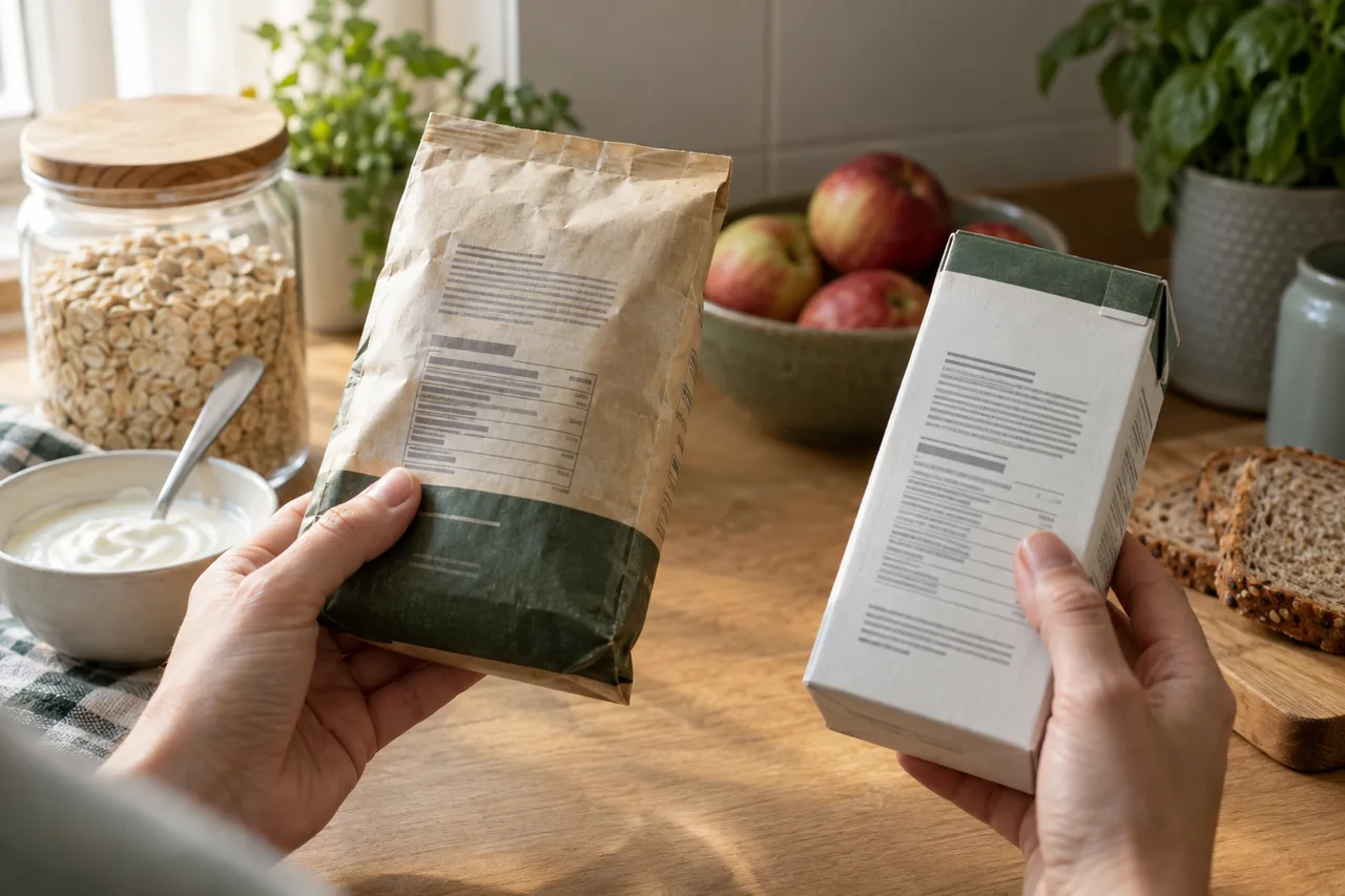 Dłonie porównujące opakowania produktów spożywczych przy kuchennym stole
